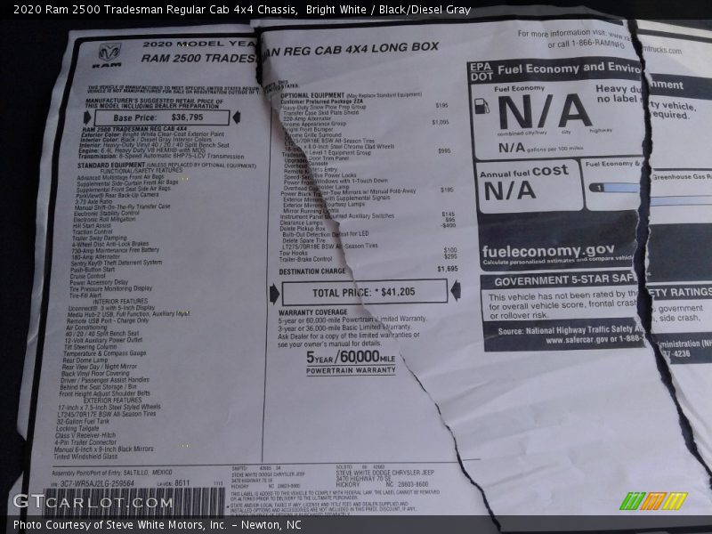  2020 2500 Tradesman Regular Cab 4x4 Chassis Window Sticker