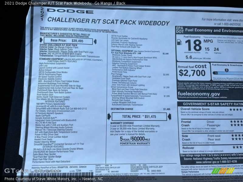  2021 Challenger R/T Scat Pack Widebody Window Sticker