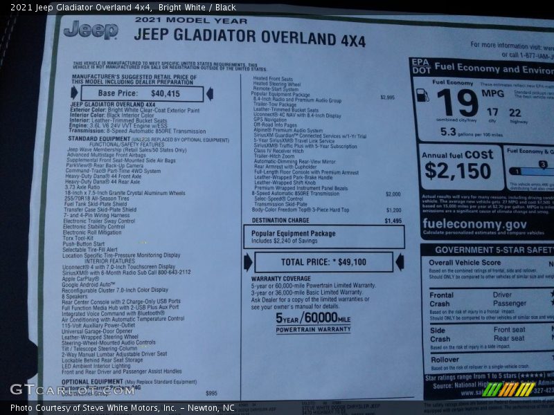 Bright White / Black 2021 Jeep Gladiator Overland 4x4