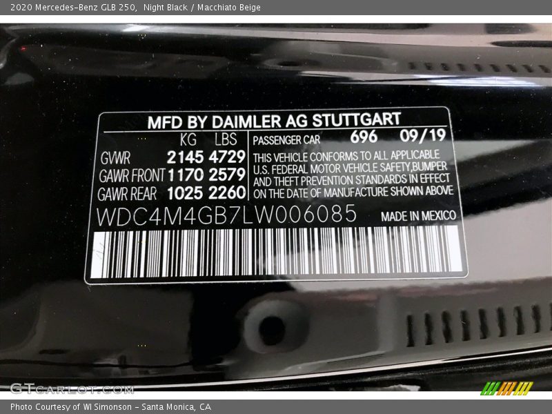 2020 GLB 250 Night Black Color Code 696