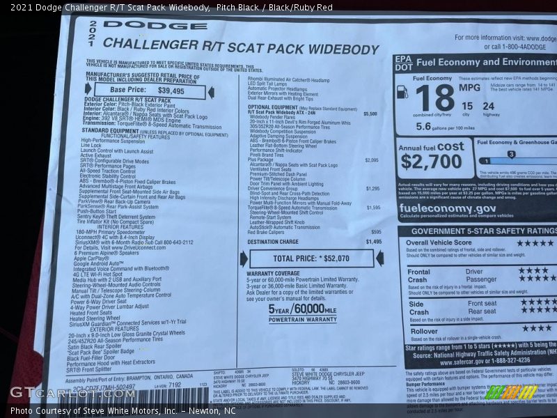  2021 Challenger R/T Scat Pack Widebody Window Sticker