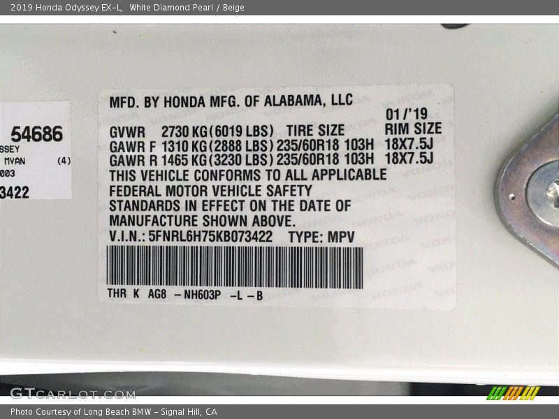 White Diamond Pearl / Beige 2019 Honda Odyssey EX-L