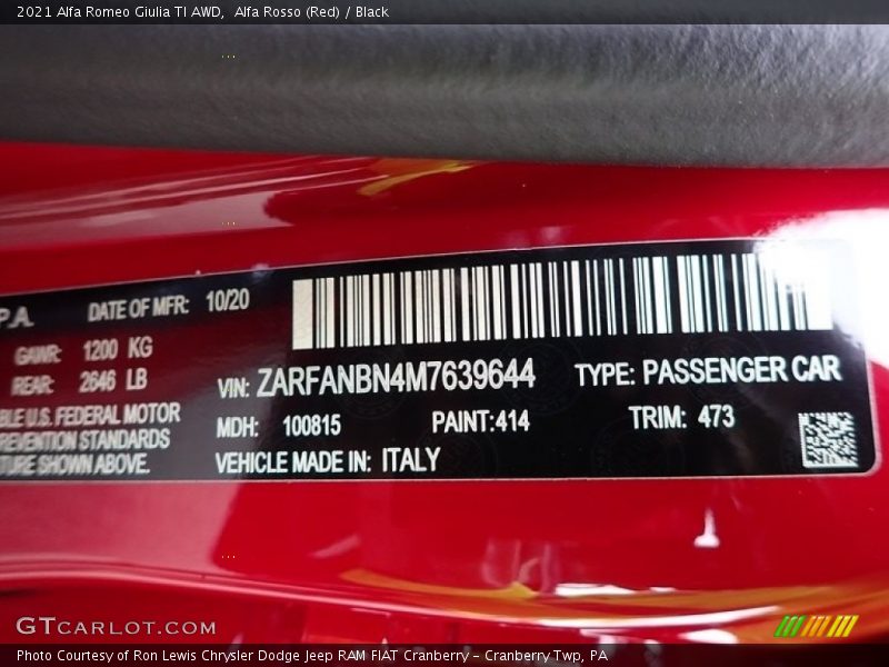 2021 Giulia TI AWD Alfa Rosso (Red) Color Code 473