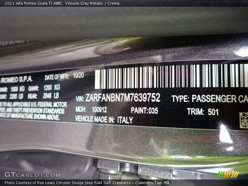 2021 Giulia TI AWD Vesuvio Gray Metallic Color Code 501