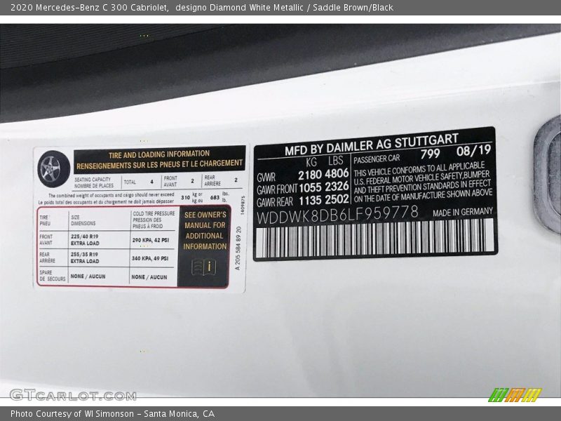 2020 C 300 Cabriolet designo Diamond White Metallic Color Code 799