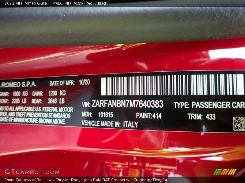 2021 Giulia TI AWD Alfa Rosso (Red) Color Code 433