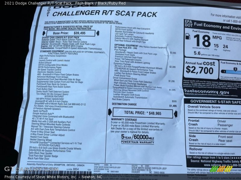  2021 Challenger R/T Scat Pack Window Sticker