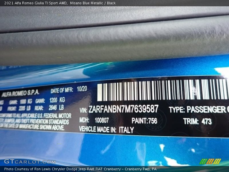 2021 Giulia TI Sport AWD Misano Blue Metallic Color Code 756