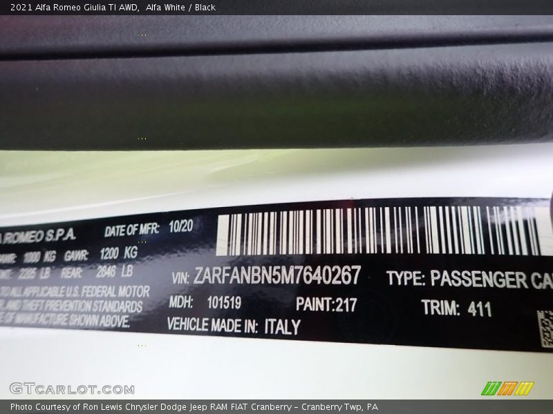 2021 Giulia TI AWD Alfa White Color Code 411