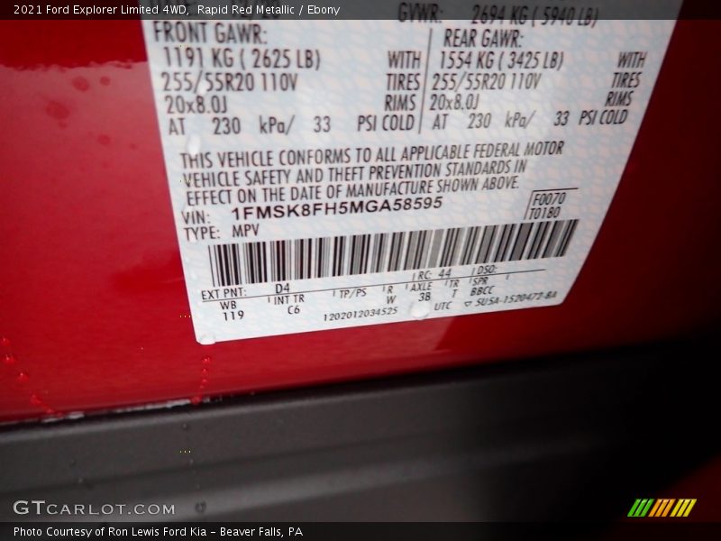 2021 Explorer Limited 4WD Rapid Red Metallic Color Code D4
