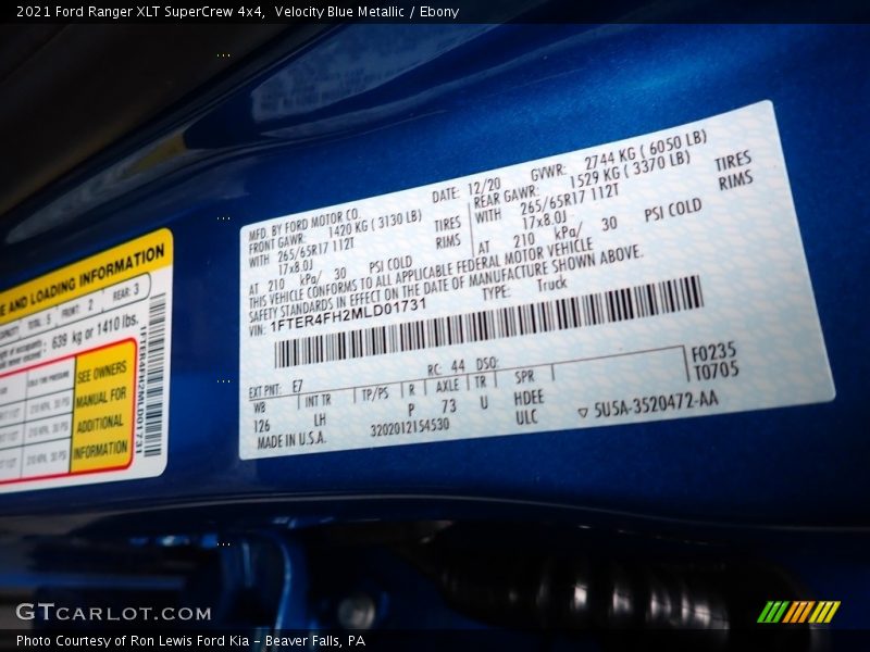 2021 Ranger XLT SuperCrew 4x4 Velocity Blue Metallic Color Code E7