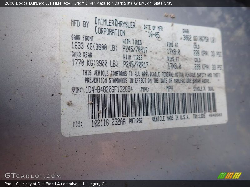 Bright Silver Metallic / Dark Slate Gray/Light Slate Gray 2006 Dodge Durango SLT HEMI 4x4