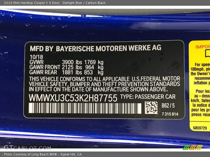 Starlight Blue / Carbon Black 2019 Mini Hardtop Cooper S 4 Door