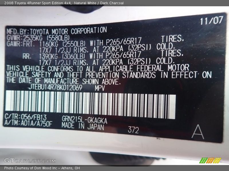 Natural White / Dark Charcoal 2008 Toyota 4Runner Sport Edition 4x4