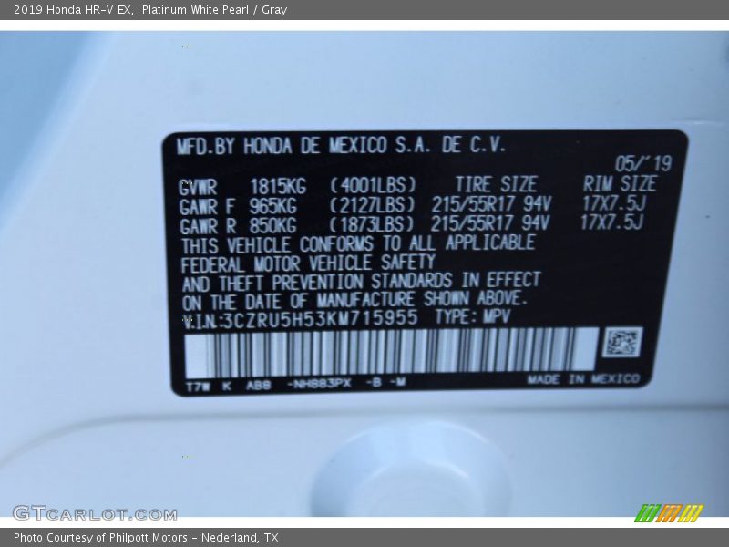 Platinum White Pearl / Gray 2019 Honda HR-V EX