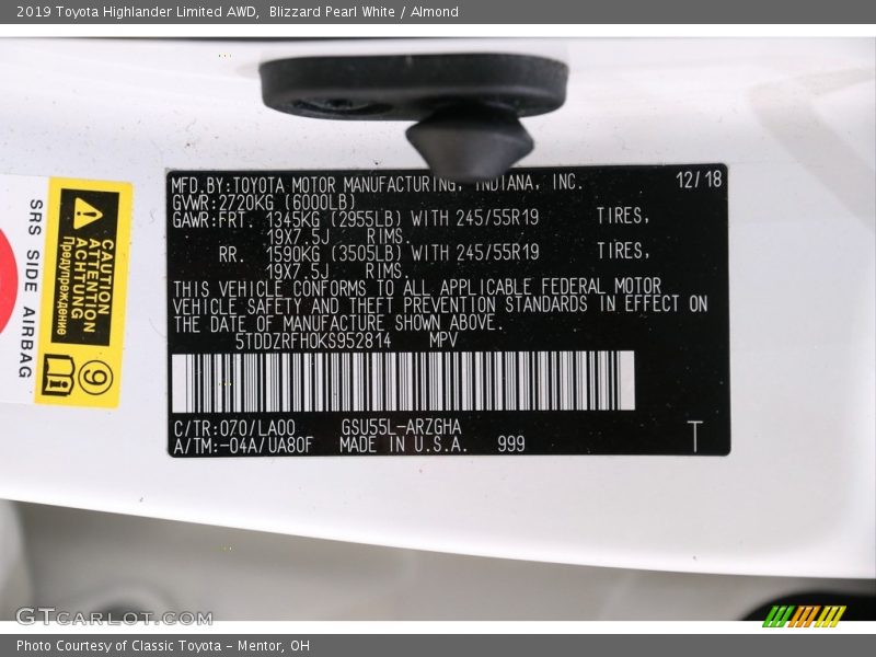 Blizzard Pearl White / Almond 2019 Toyota Highlander Limited AWD