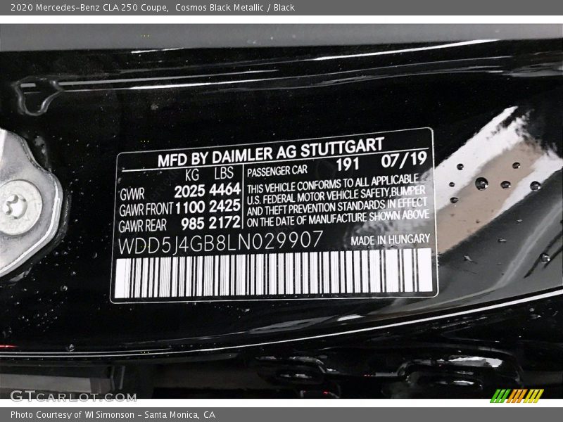 2020 CLA 250 Coupe Cosmos Black Metallic Color Code 191