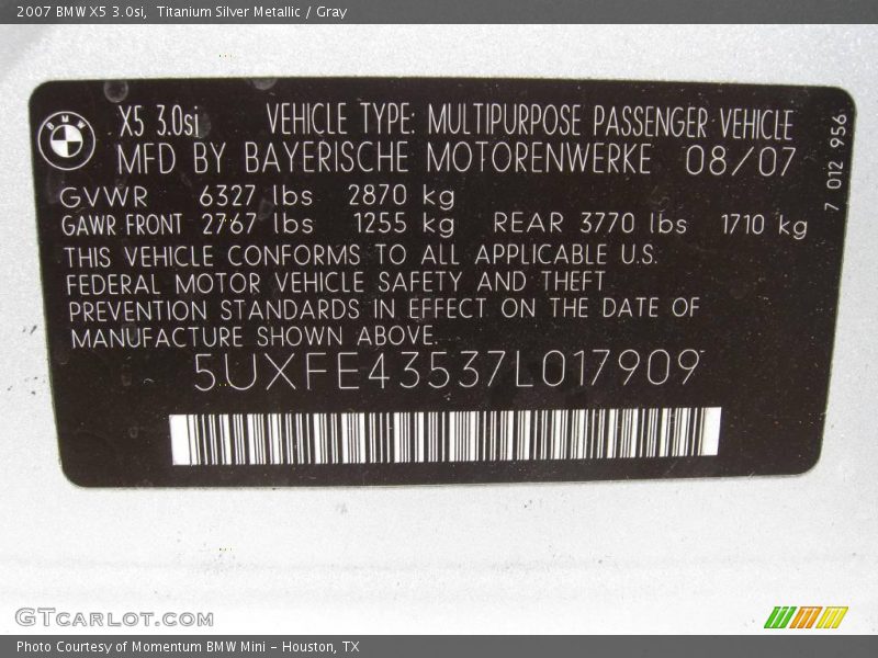Titanium Silver Metallic / Gray 2007 BMW X5 3.0si