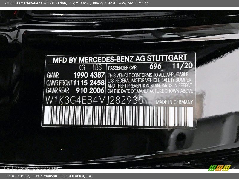 Night Black / Black/DINAMICA w/Red Stitching 2021 Mercedes-Benz A 220 Sedan