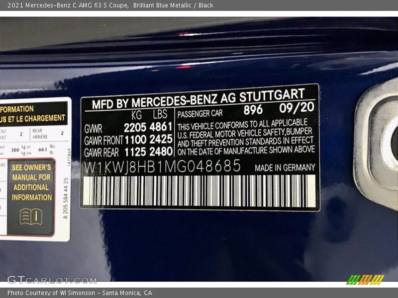 2021 C AMG 63 S Coupe Brilliant Blue Metallic Color Code 896