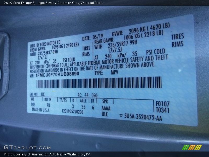 Ingot Silver / Chromite Gray/Charcoal Black 2019 Ford Escape S