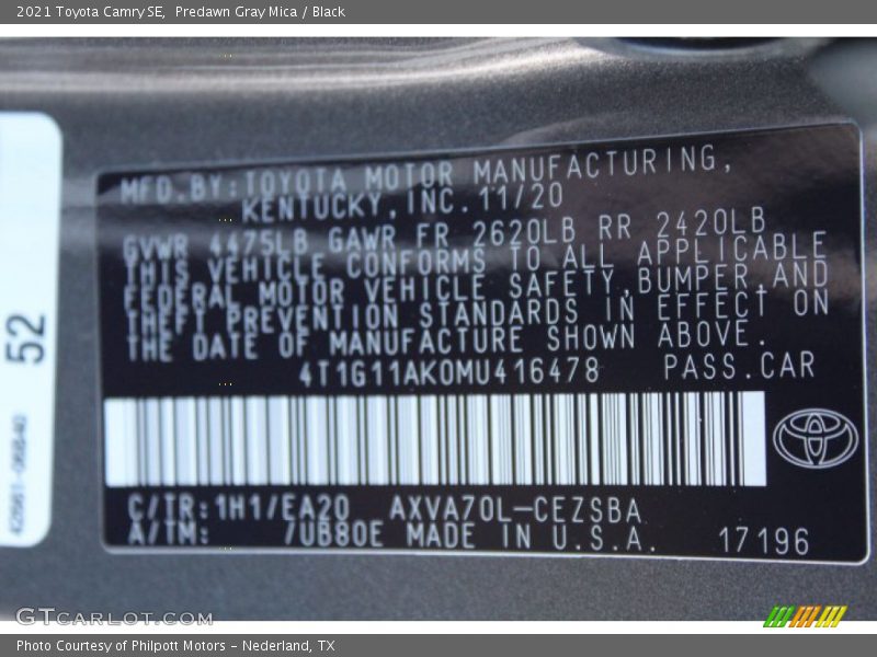 2021 Camry SE Predawn Gray Mica Color Code 1H1