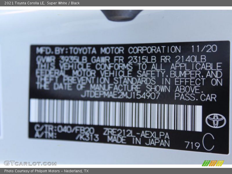 2021 Corolla LE Super White Color Code 040