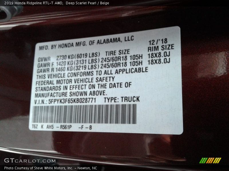 Deep Scarlet Pearl / Beige 2019 Honda Ridgeline RTL-T AWD