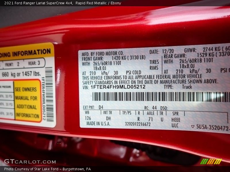 2021 Ranger Lariat SuperCrew 4x4 Rapid Red Metallic Color Code D4