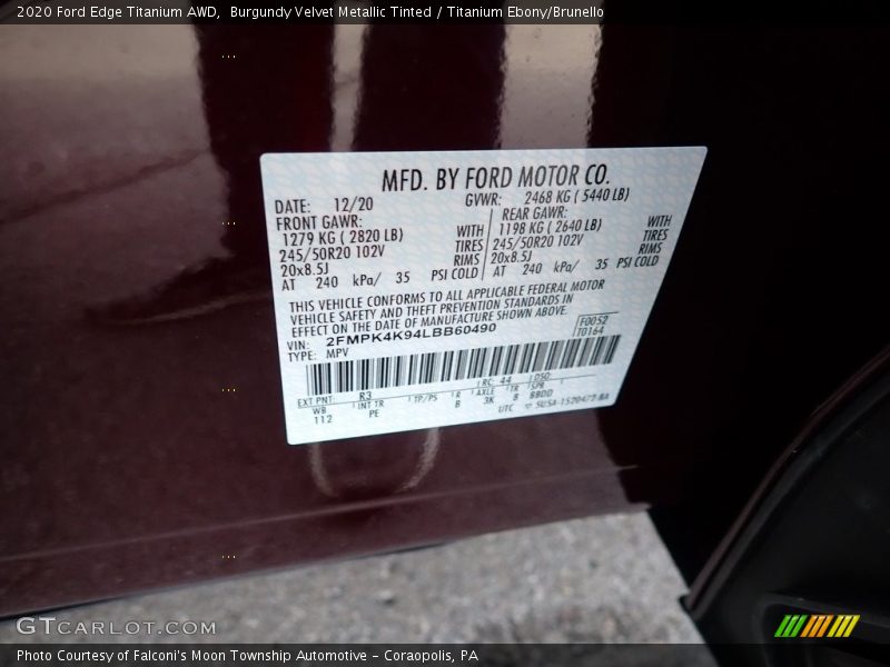 2020 Edge Titanium AWD Burgundy Velvet Metallic Tinted Color Code R3
