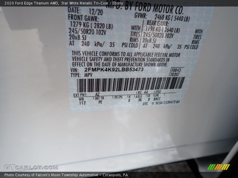 Star White Metallic Tri-Coat / Ebony 2020 Ford Edge Titanium AWD