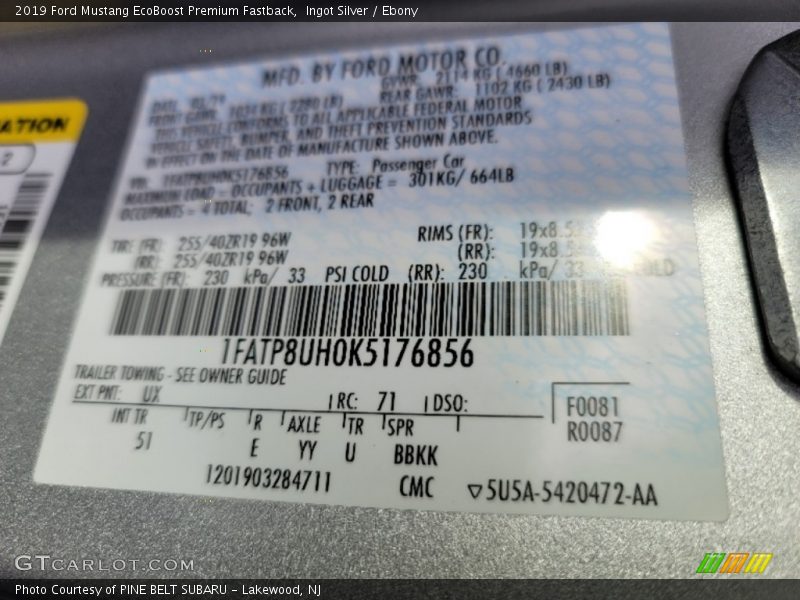 2019 Mustang EcoBoost Premium Fastback Ingot Silver Color Code UX