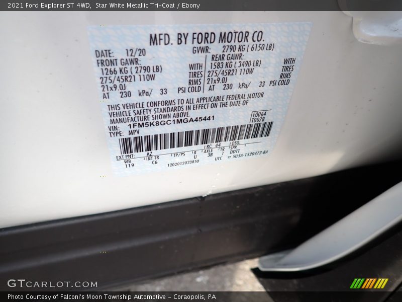 2021 Explorer ST 4WD Star White Metallic Tri-Coat Color Code AZ