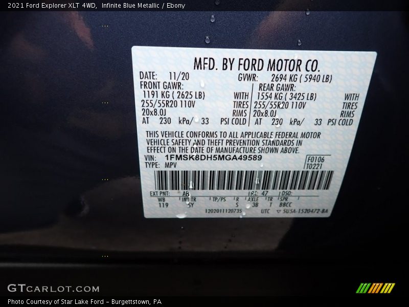 2021 Explorer XLT 4WD Infinite Blue Metallic Color Code AB