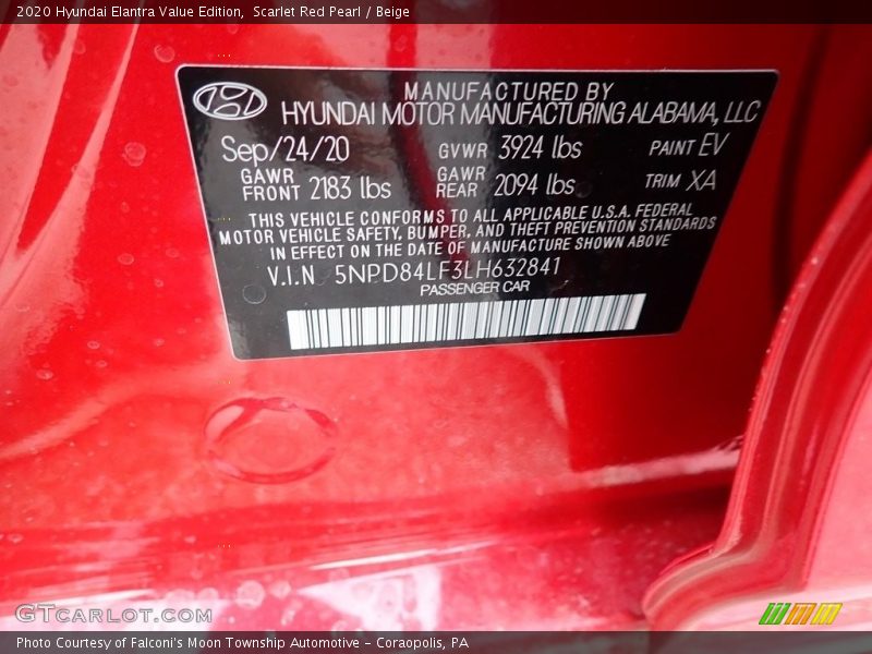 2020 Elantra Value Edition Scarlet Red Pearl Color Code EV