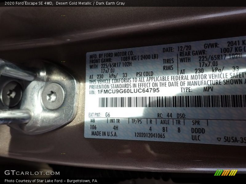 Desert Gold Metallic / Dark Earth Gray 2020 Ford Escape SE 4WD