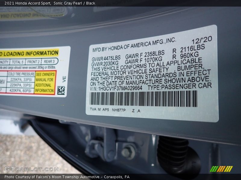 2021 Accord Sport Sonic Gray Pearl Color Code NH877P