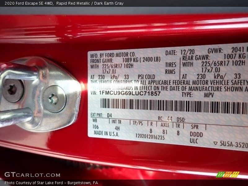 Rapid Red Metallic / Dark Earth Gray 2020 Ford Escape SE 4WD
