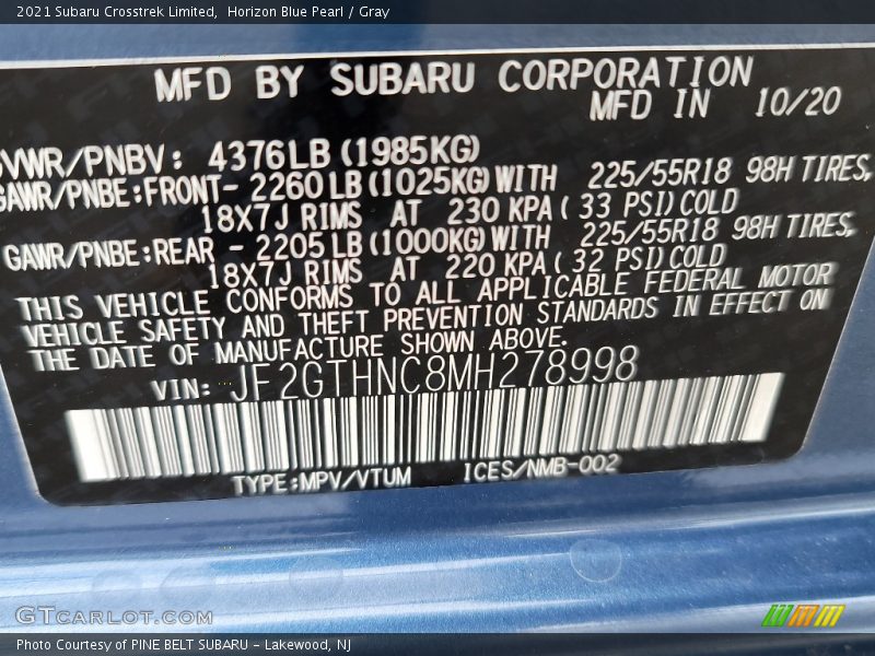 Horizon Blue Pearl / Gray 2021 Subaru Crosstrek Limited