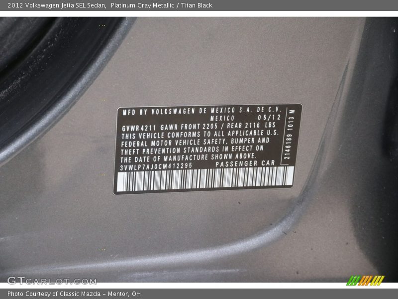Platinum Gray Metallic / Titan Black 2012 Volkswagen Jetta SEL Sedan