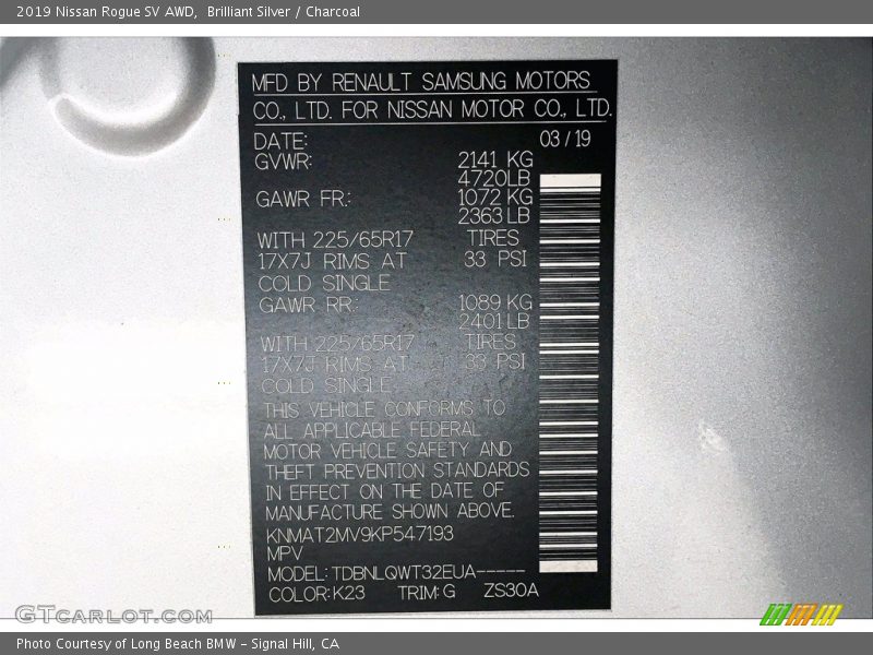 2019 Rogue SV AWD Brilliant Silver Color Code K23