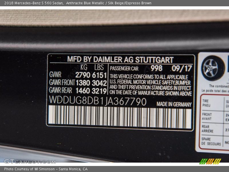Anthracite Blue Metallic / Silk Beige/Espresso Brown 2018 Mercedes-Benz S 560 Sedan