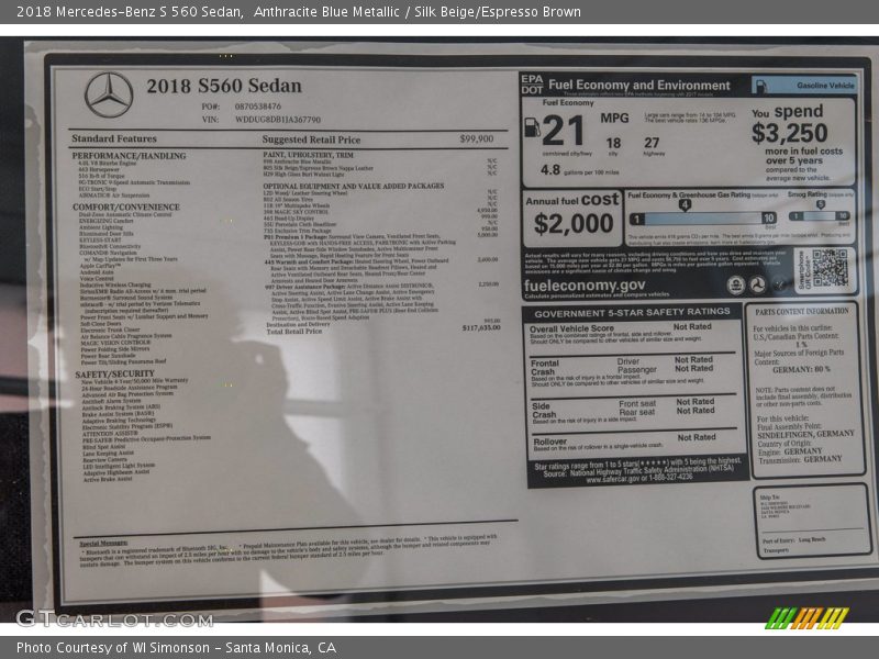 Anthracite Blue Metallic / Silk Beige/Espresso Brown 2018 Mercedes-Benz S 560 Sedan