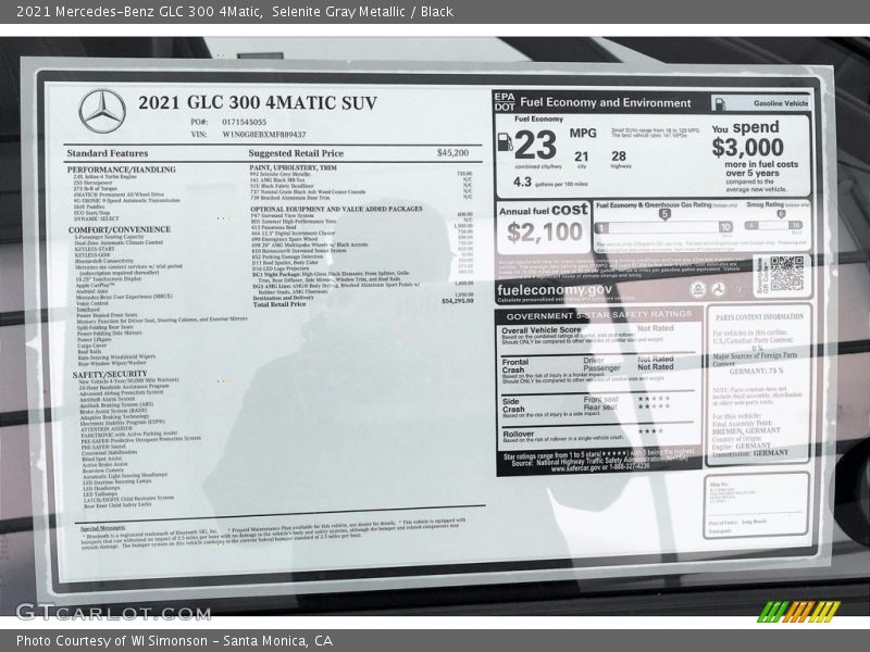  2021 GLC 300 4Matic Window Sticker
