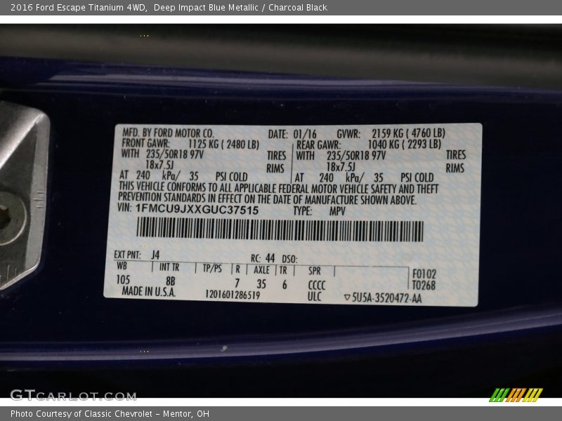 Deep Impact Blue Metallic / Charcoal Black 2016 Ford Escape Titanium 4WD