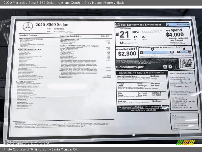  2020 S 560 Sedan Window Sticker