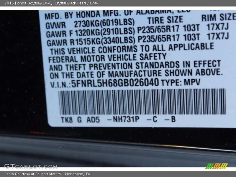 Crystal Black Pearl / Gray 2016 Honda Odyssey EX-L