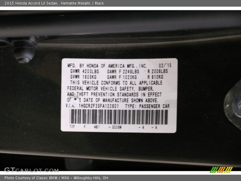 Hematite Metallic / Black 2015 Honda Accord LX Sedan