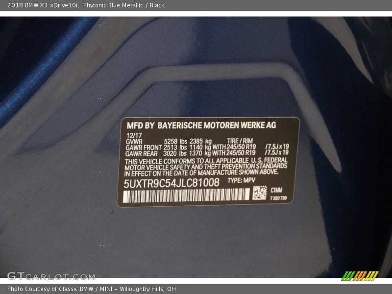 Phytonic Blue Metallic / Black 2018 BMW X3 xDrive30i