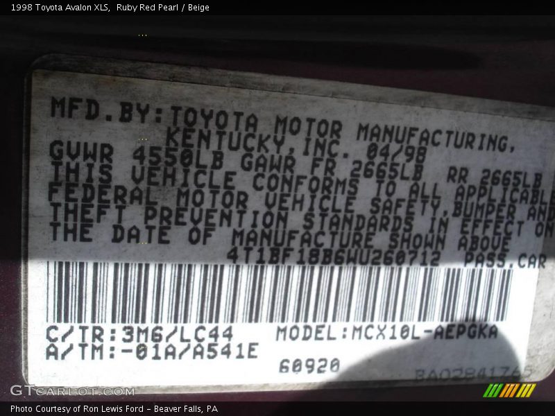 Ruby Red Pearl / Beige 1998 Toyota Avalon XLS